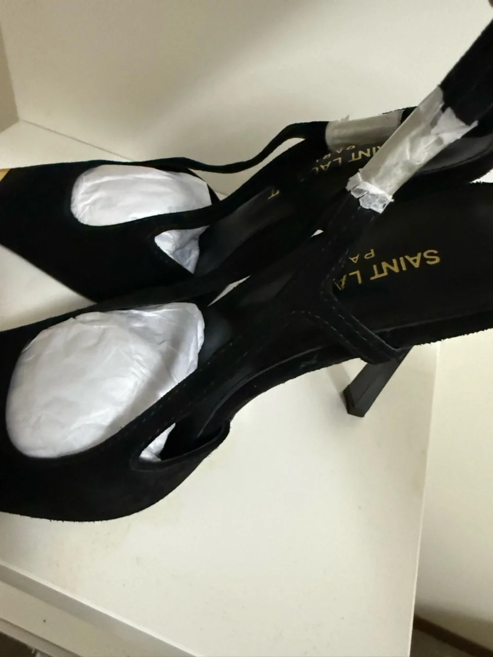 Saint Laurent Black Suede Slingback Pumps with Gold Toe Caps - Picture 3 of 4